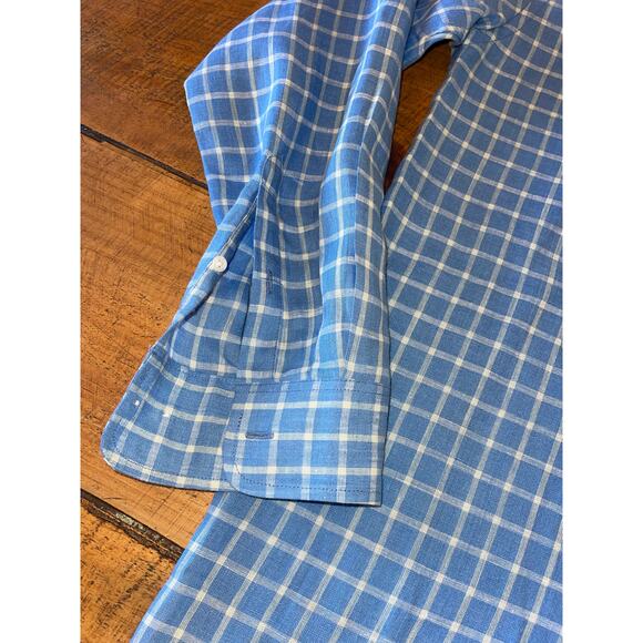 Mens Grant Thomas Pure Linen Light Blue White Checker Print Button Down Shirt‎ S - Picture 4 of 6